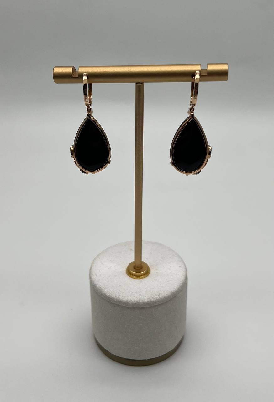 Black Onyx Cabochon Diamond 18 Karat Rose Yellow Gold Floral Swirl Drop Earrings