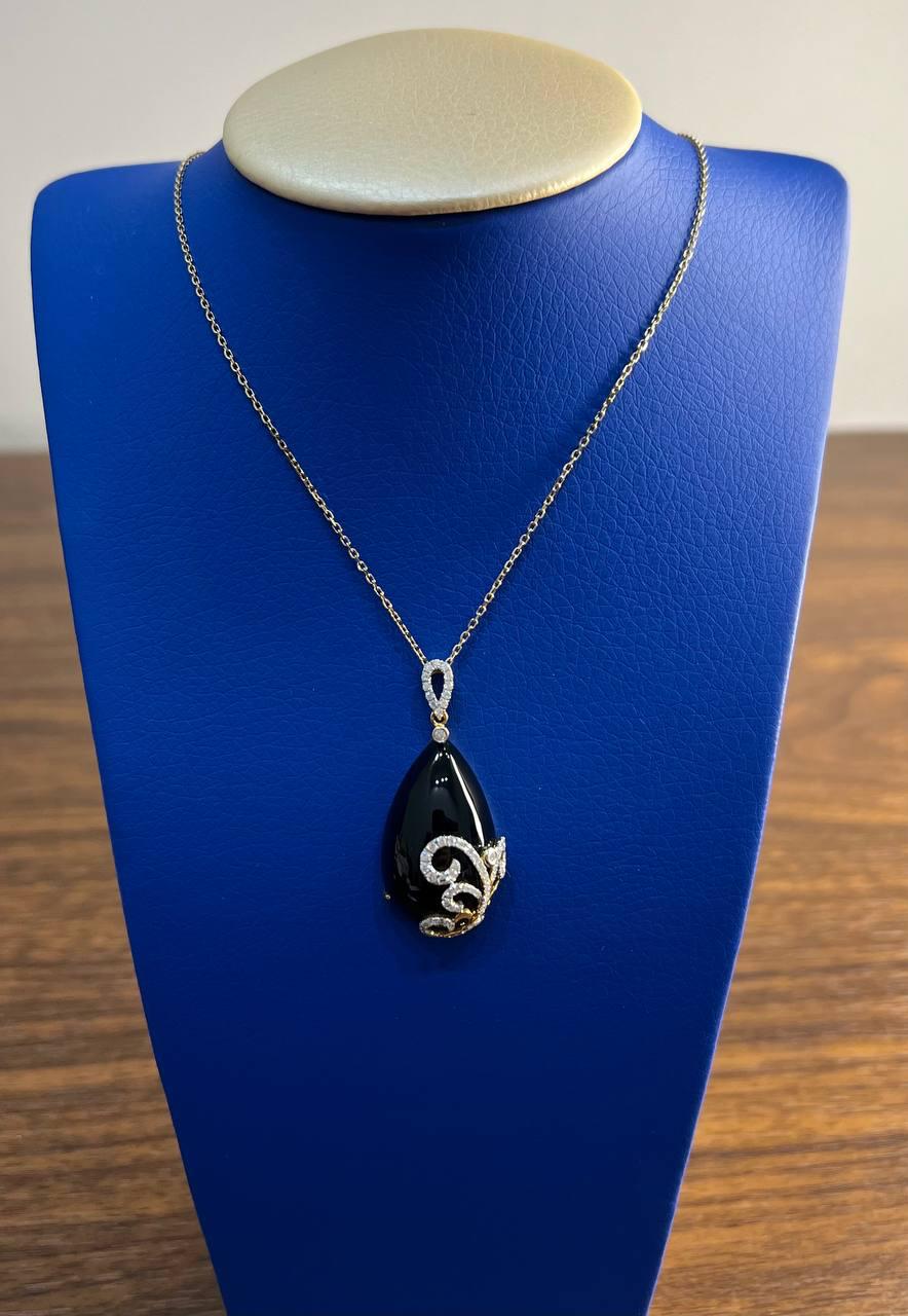 Black Onyx Cabochon Diamond 18 Karat Yellow Gold Floral Swirl Necklace Pendant