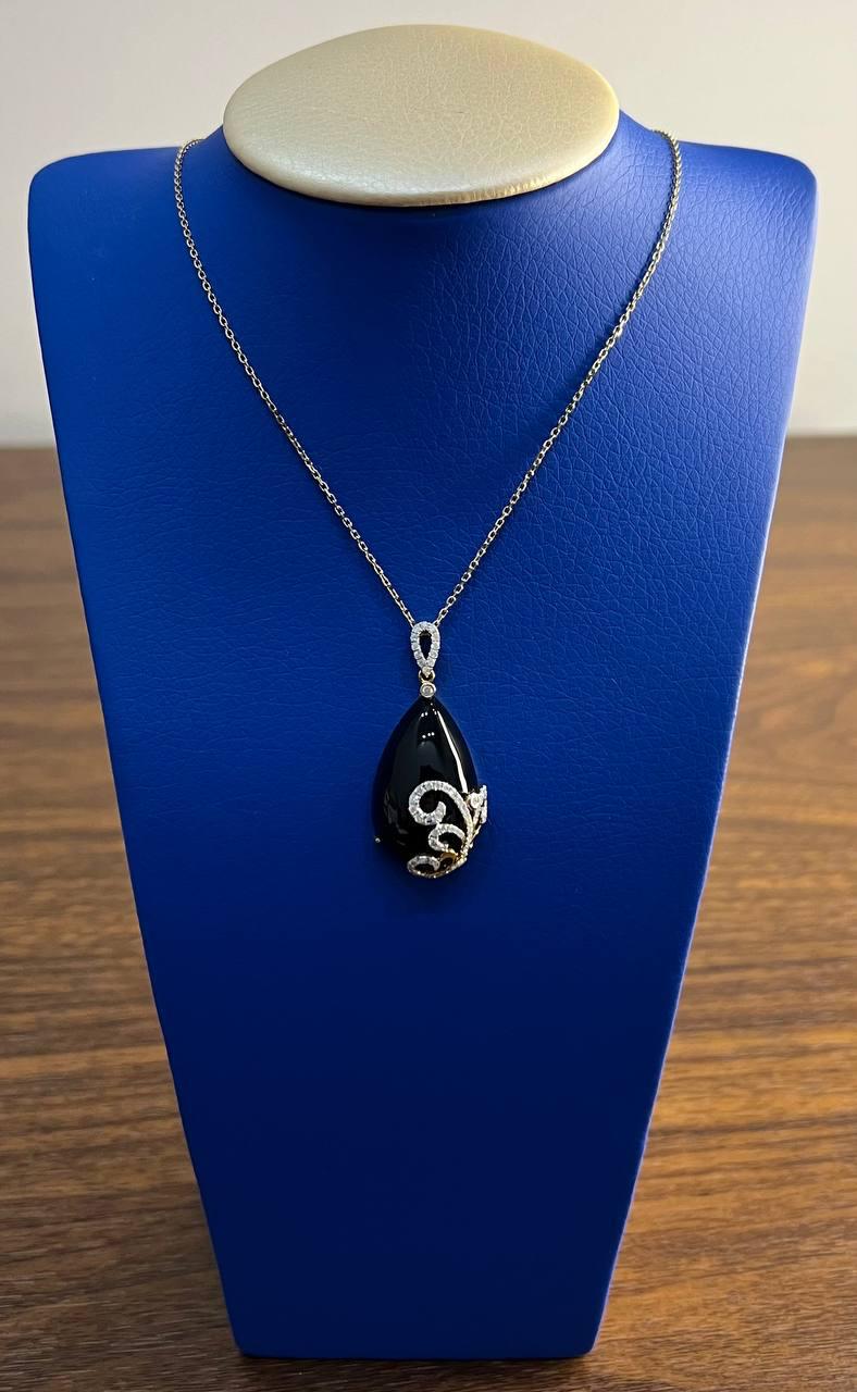 Black Onyx Cabochon Diamond 18 Karat Yellow Gold Floral Swirl Necklace Pendant