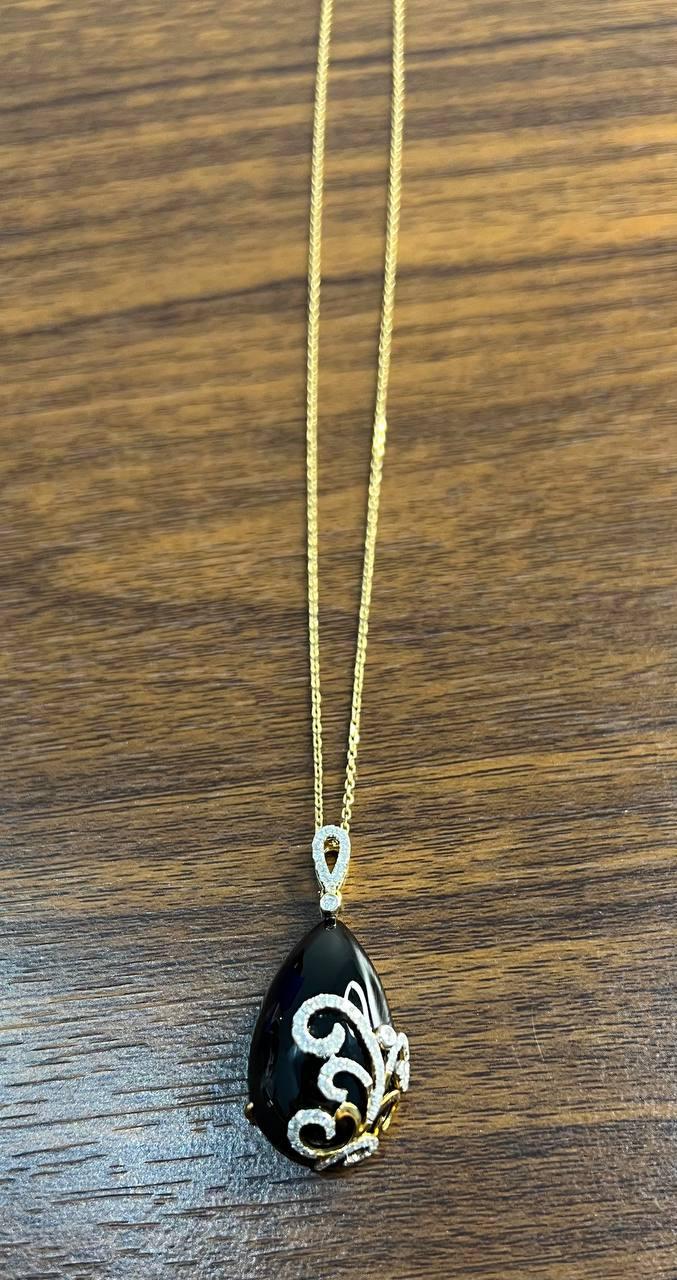 Black Onyx Cabochon Diamond 18 Karat Yellow Gold Floral Swirl Necklace Pendant