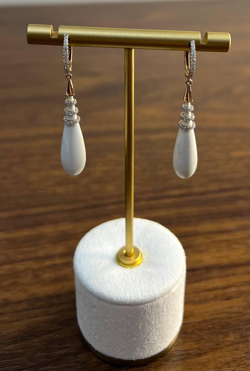 White Agate Cabochon White Diamonds 18 Karat Rose Gold Unique Hug Drop Earrings
