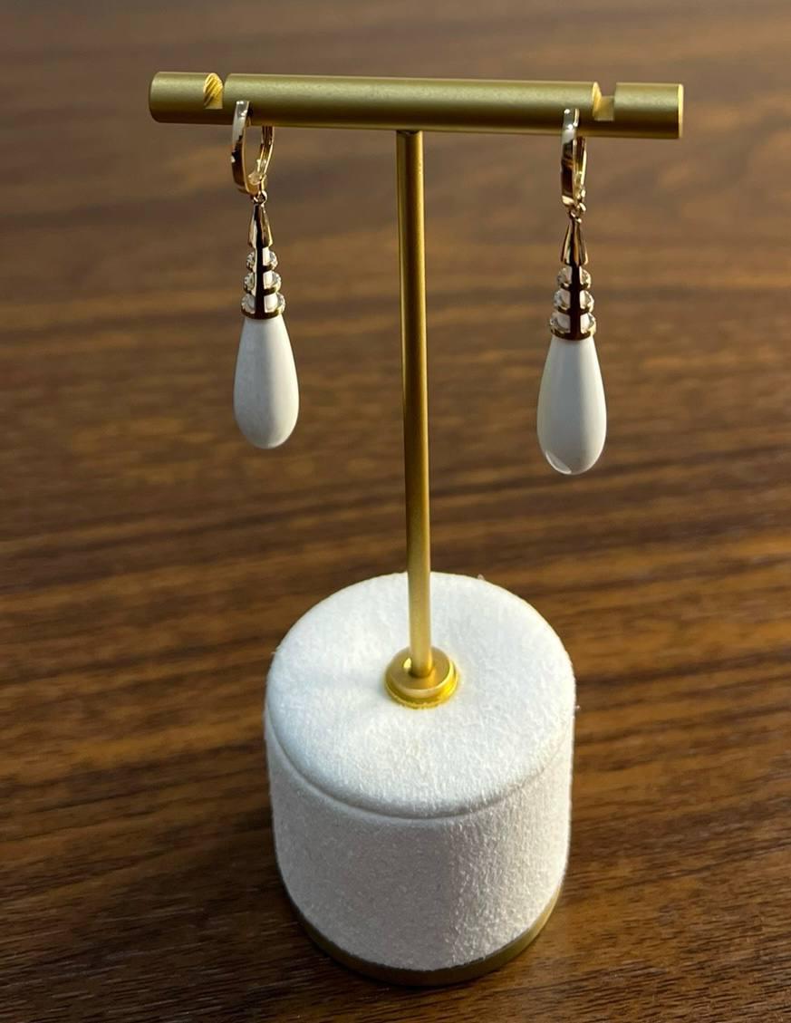 White Agate Cabochon White Diamonds 18 Karat Rose Gold Unique Hug Drop Earrings