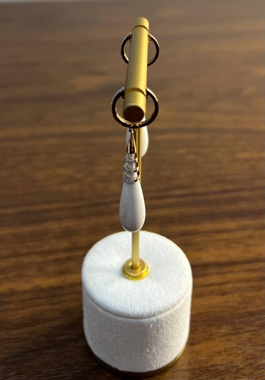 White Agate Cabochon White Diamonds 18 Karat Rose Gold Unique Hug Drop Earrings