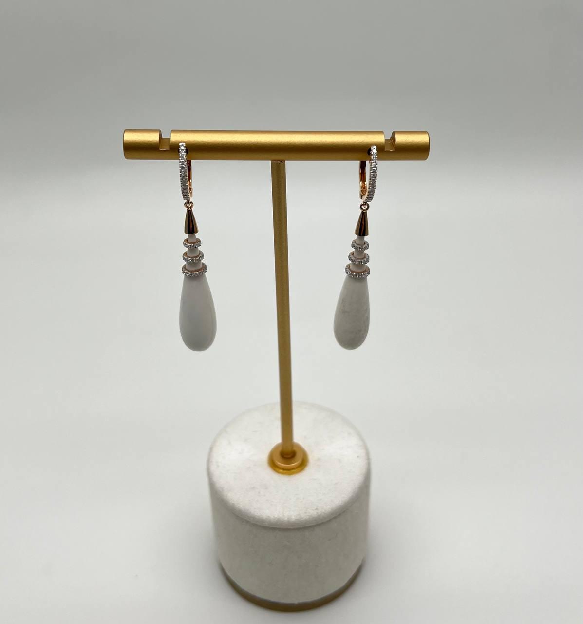 White Agate Cabochon White Diamonds 18 Karat Rose Gold Unique Hug Drop Earrings