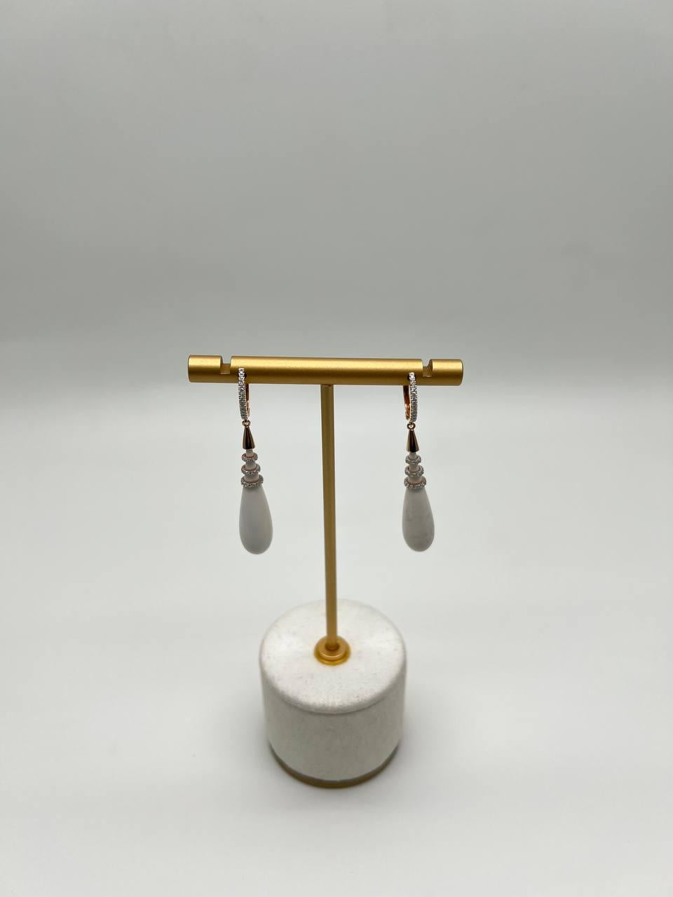 White Agate Cabochon White Diamonds 18 Karat Rose Gold Unique Hug Drop Earrings