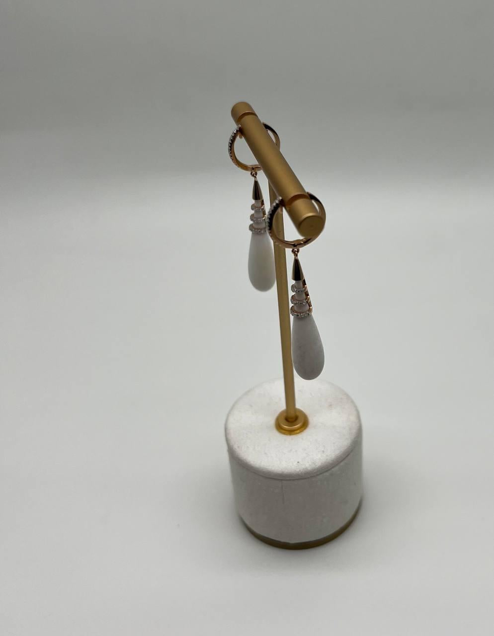 White Agate Cabochon White Diamonds 18 Karat Rose Gold Unique Hug Drop Earrings