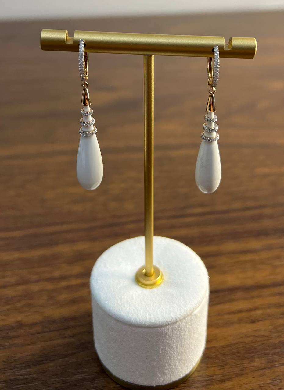 White Agate Cabochon White Diamonds 18 Karat Rose Gold Unique Hug Drop Earrings