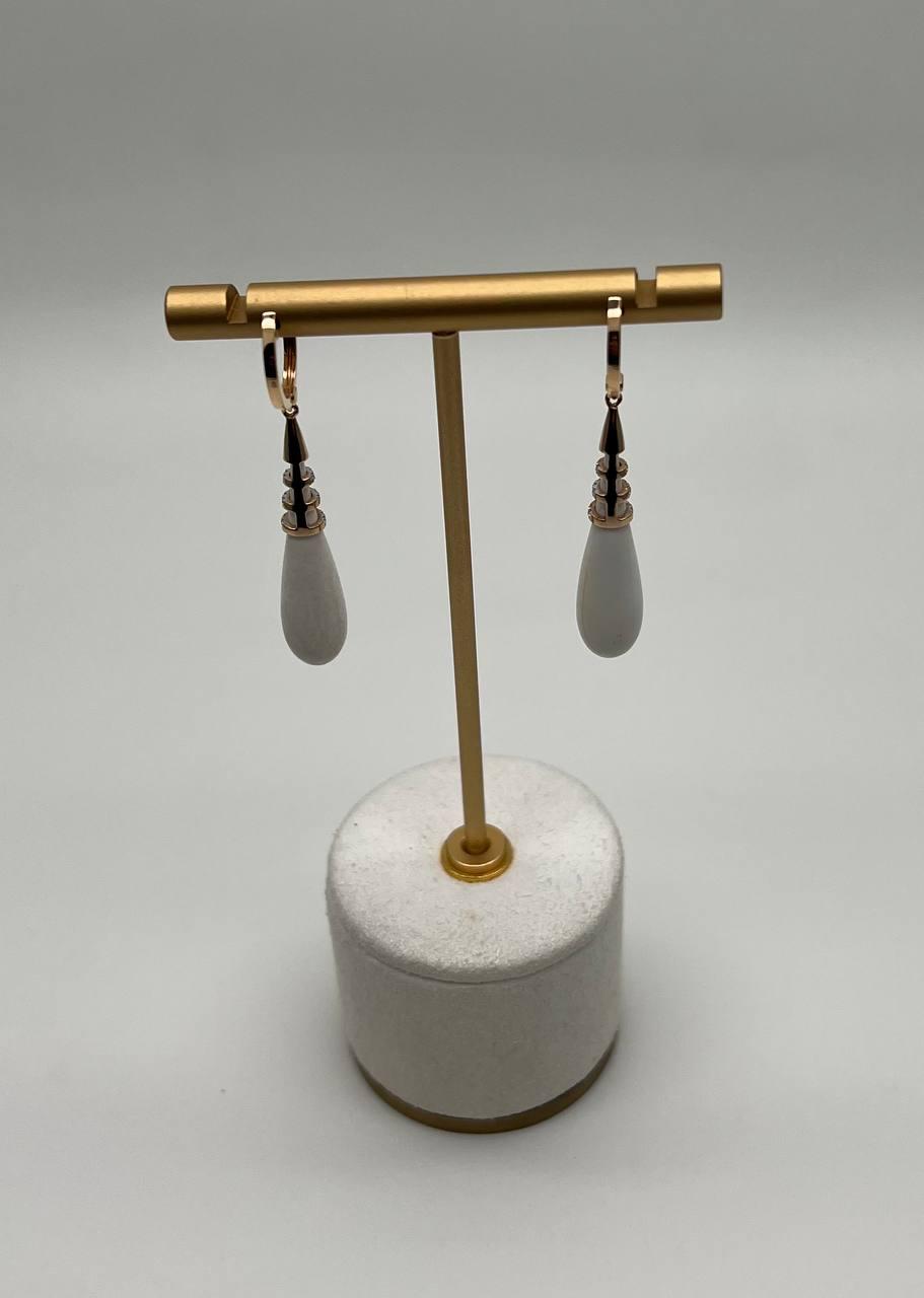 White Agate Cabochon White Diamonds 18 Karat Rose Gold Unique Hug Drop Earrings