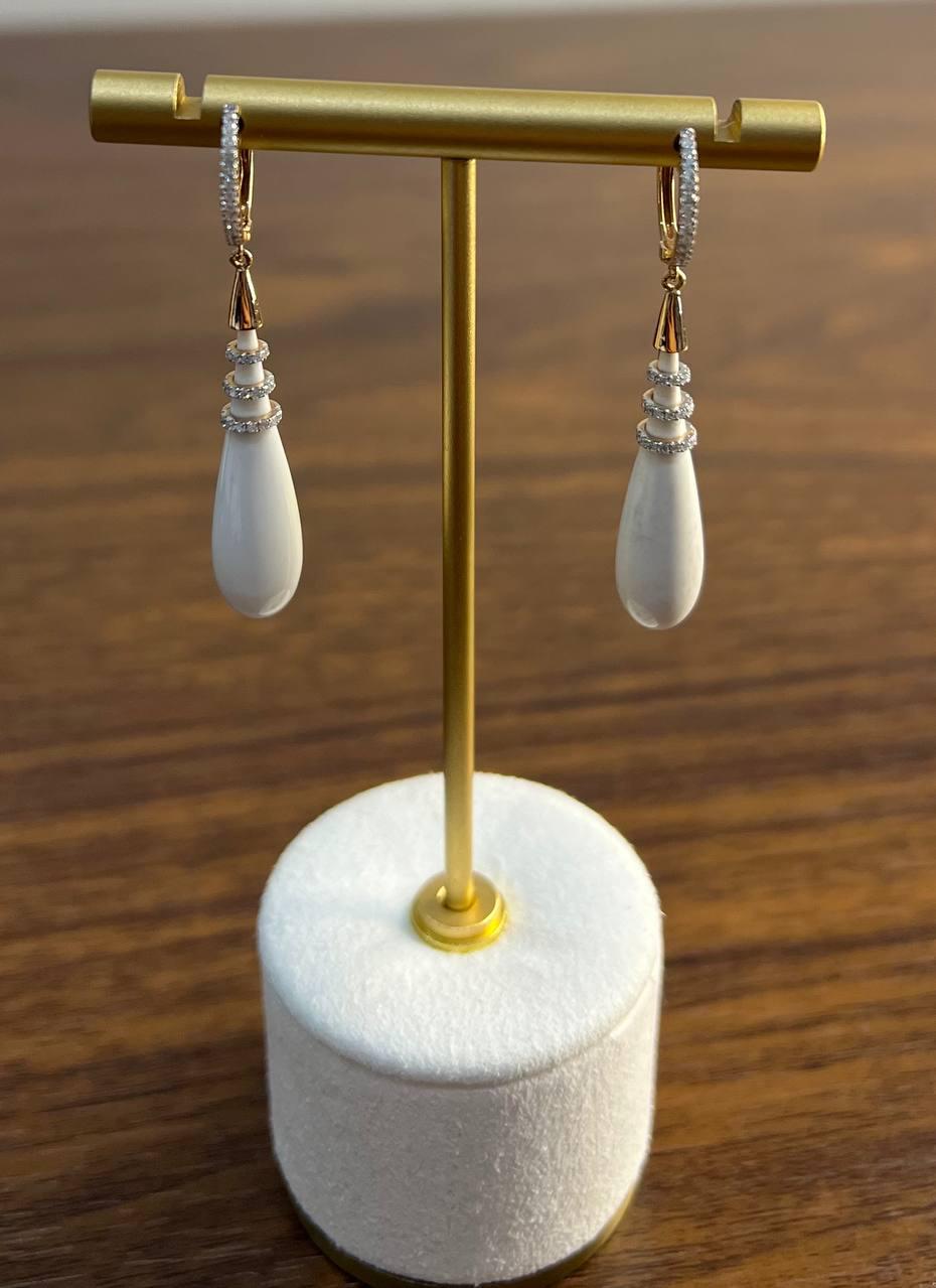 White Agate Cabochon White Diamonds 18 Karat Rose Gold Unique Hug Drop Earrings