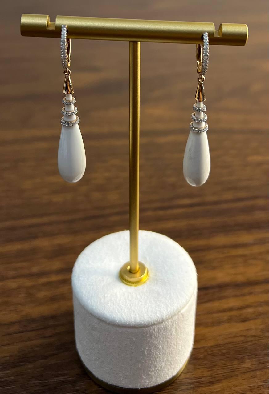 White Agate Cabochon White Diamonds 18 Karat Rose Gold Unique Hug Drop Earrings