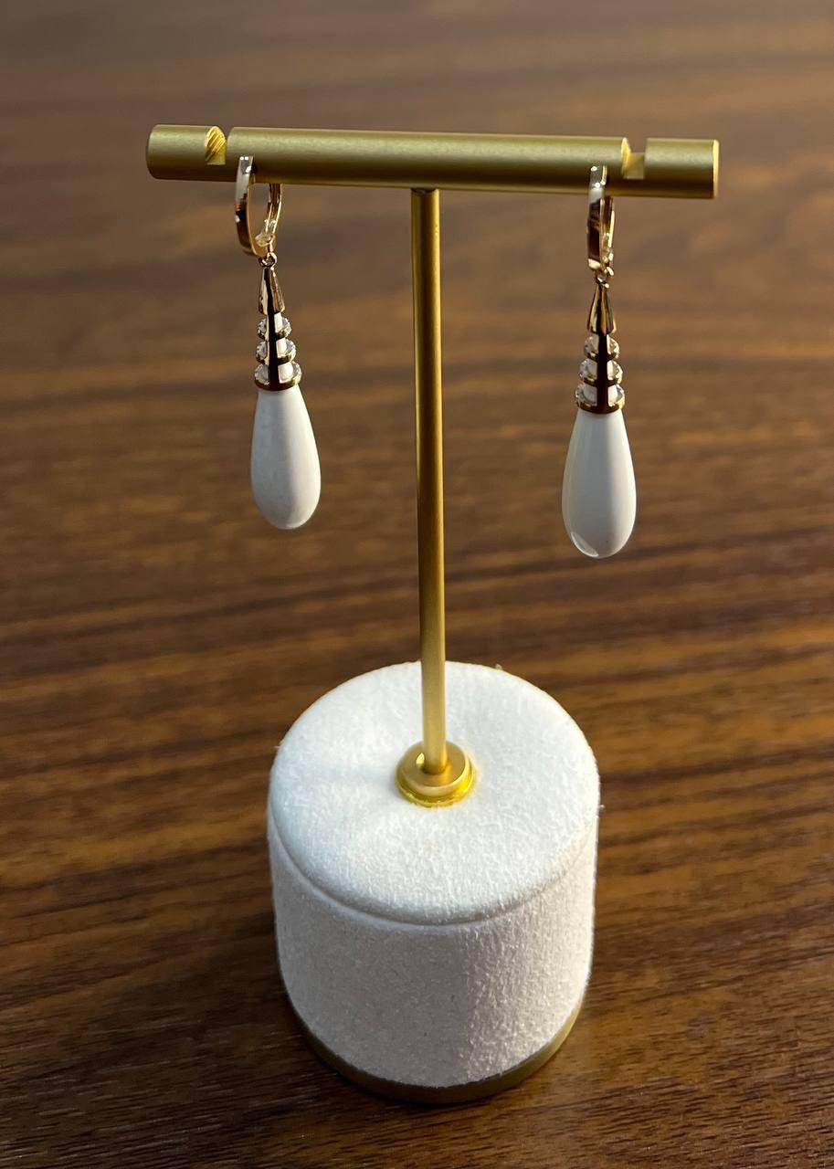 White Agate Cabochon White Diamonds 18 Karat Rose Gold Unique Hug Drop Earrings