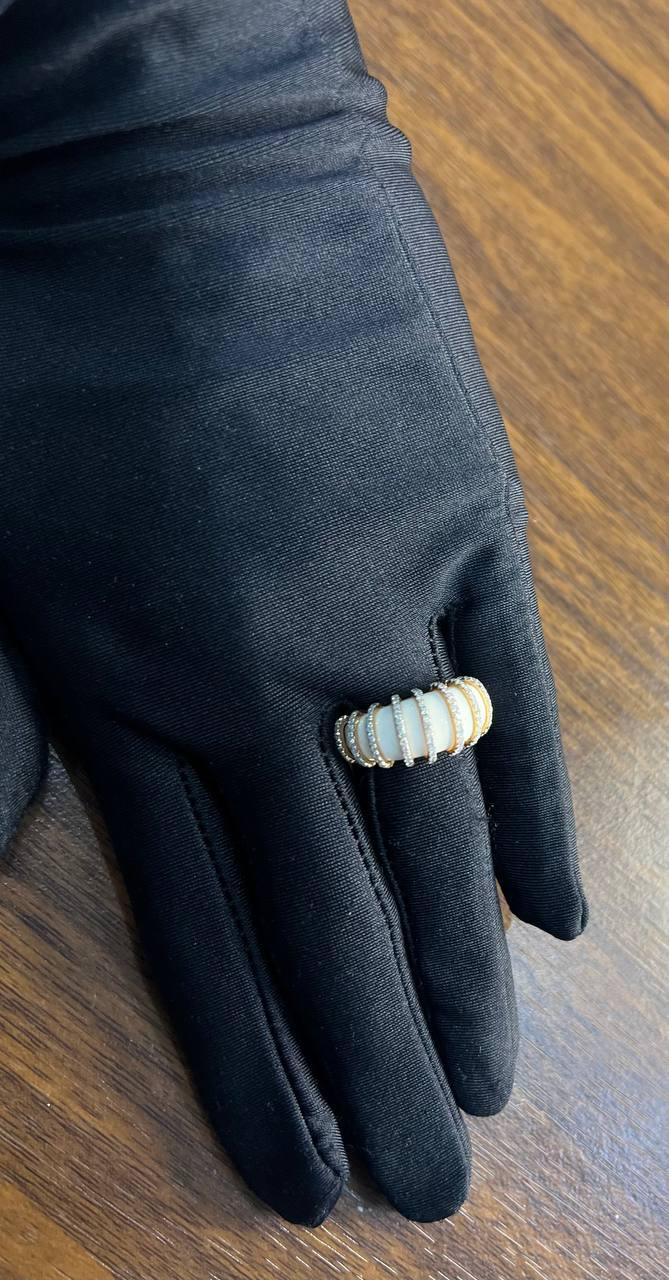 White Agate Cabochon White Diamonds 18 Karat Rose Gold Statement Unique Ring