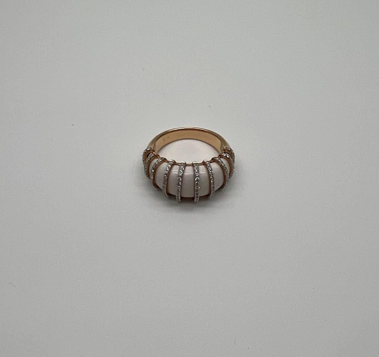 White Agate Cabochon White Diamonds 18 Karat Rose Gold Statement Unique Ring