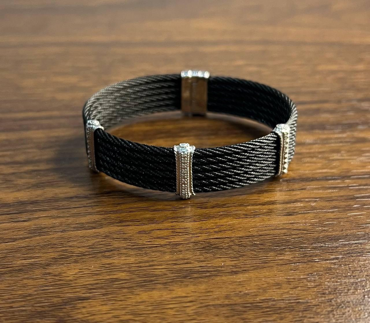 Black Cable Multi Row with 18K White Gold Diamonds Filigree Statement Bracelet