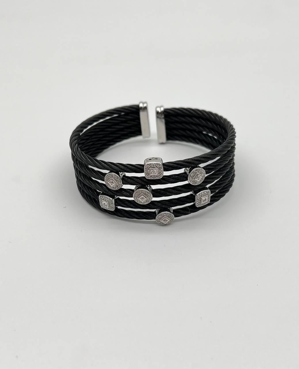 Cable Multi Row with 18K White Gold White Diamonds Filigree Statement Bracelet