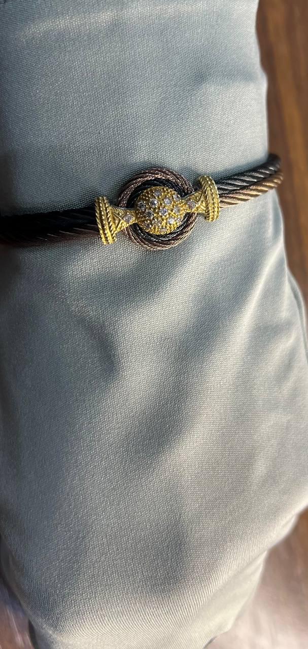 Brown Black Cable Row 18K Rose White Gold Diamonds Filigree Statement Bracelet