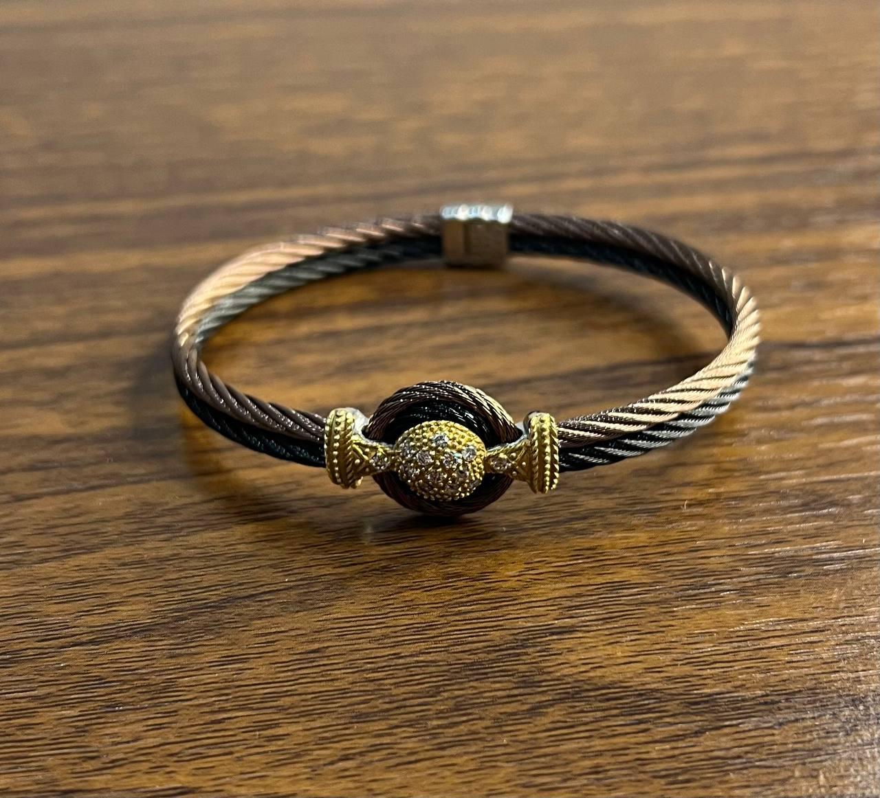 Brown Black Cable Row 18K Rose White Gold Diamonds Filigree Statement Bracelet