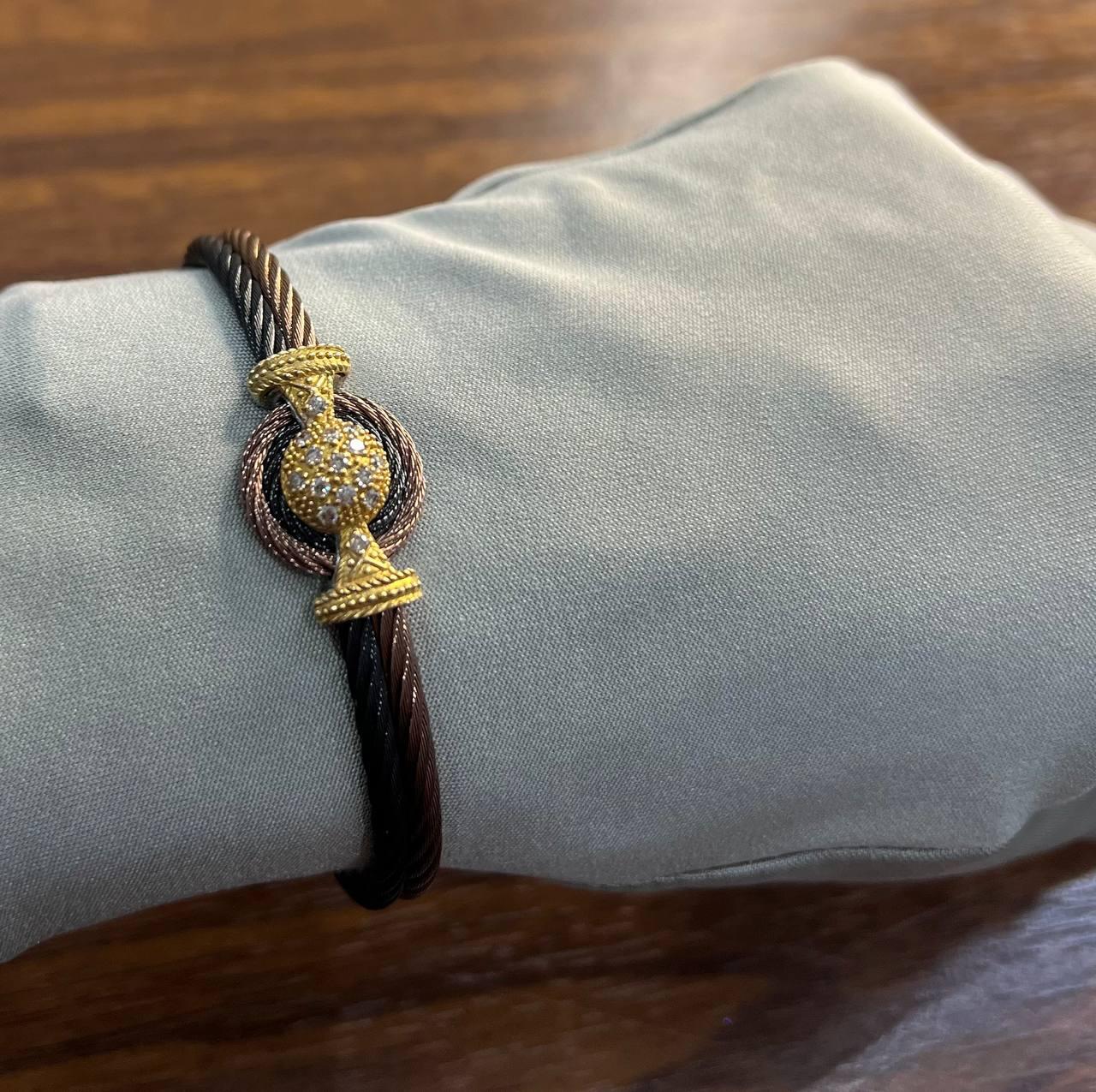 Brown Black Cable Row 18K Rose White Gold Diamonds Filigree Statement Bracelet