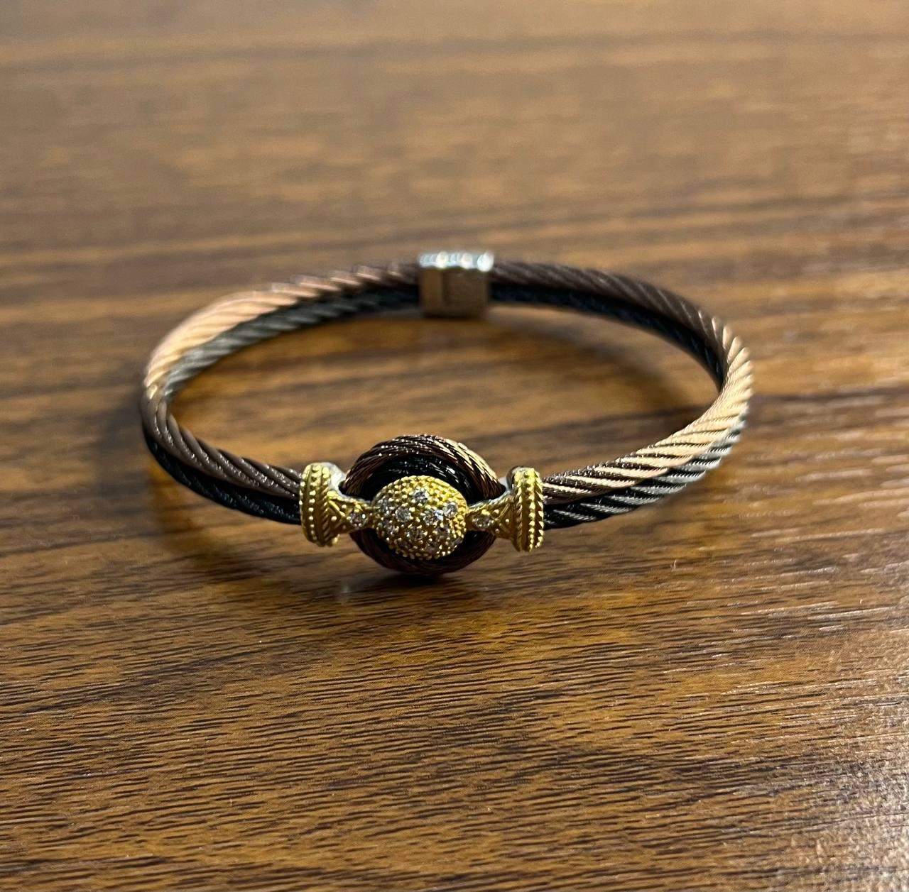 Brown Black Cable Row 18K Rose White Gold Diamonds Filigree Statement Bracelet