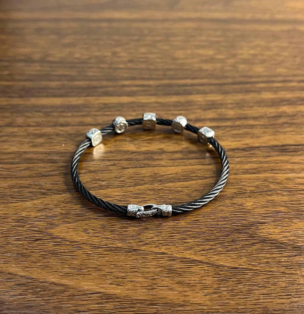 Black Cable Row with 18K White Gold Diamonds Filigree Statement Steel Bracelet