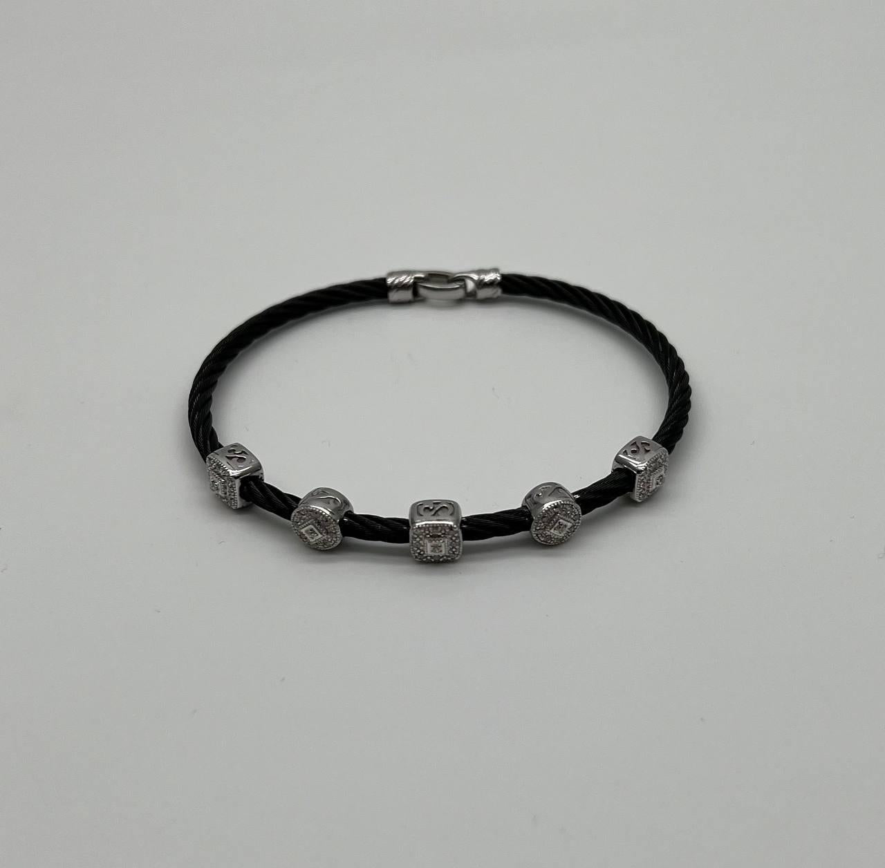 Black Cable Row with 18K White Gold Diamonds Filigree Statement Steel Bracelet