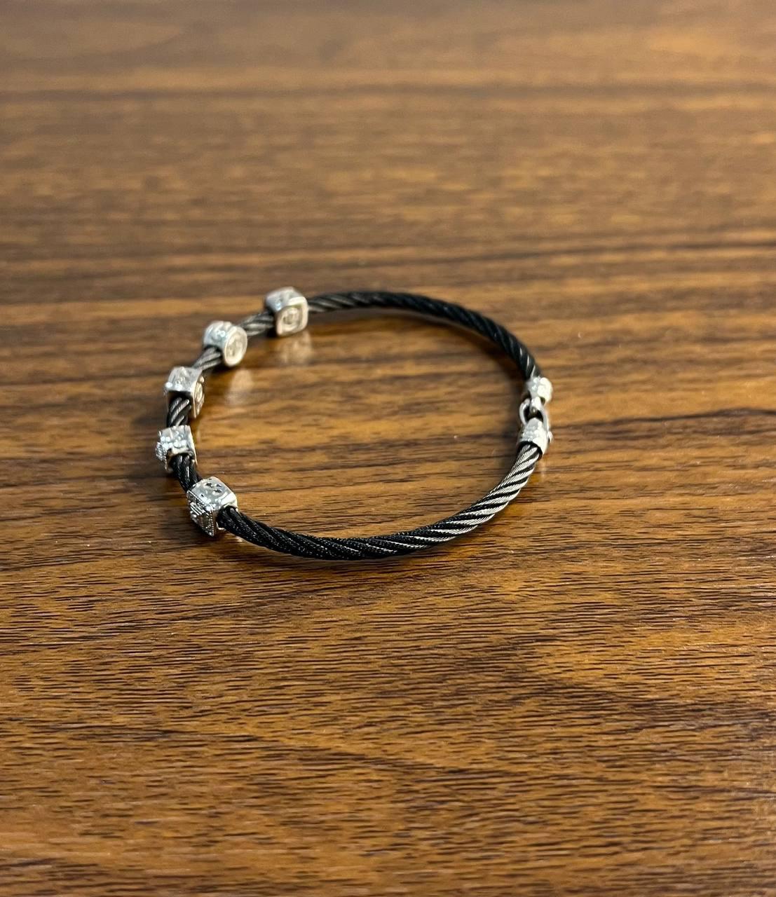 Black Cable Row with 18K White Gold Diamonds Filigree Statement Steel Bracelet