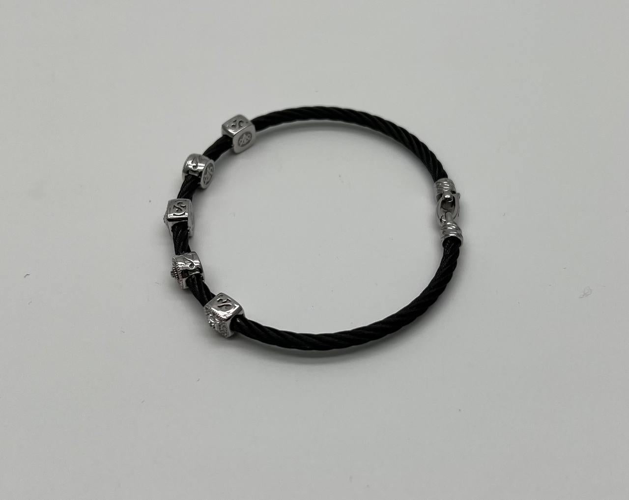 Black Cable Row with 18K White Gold Diamonds Filigree Statement Steel Bracelet