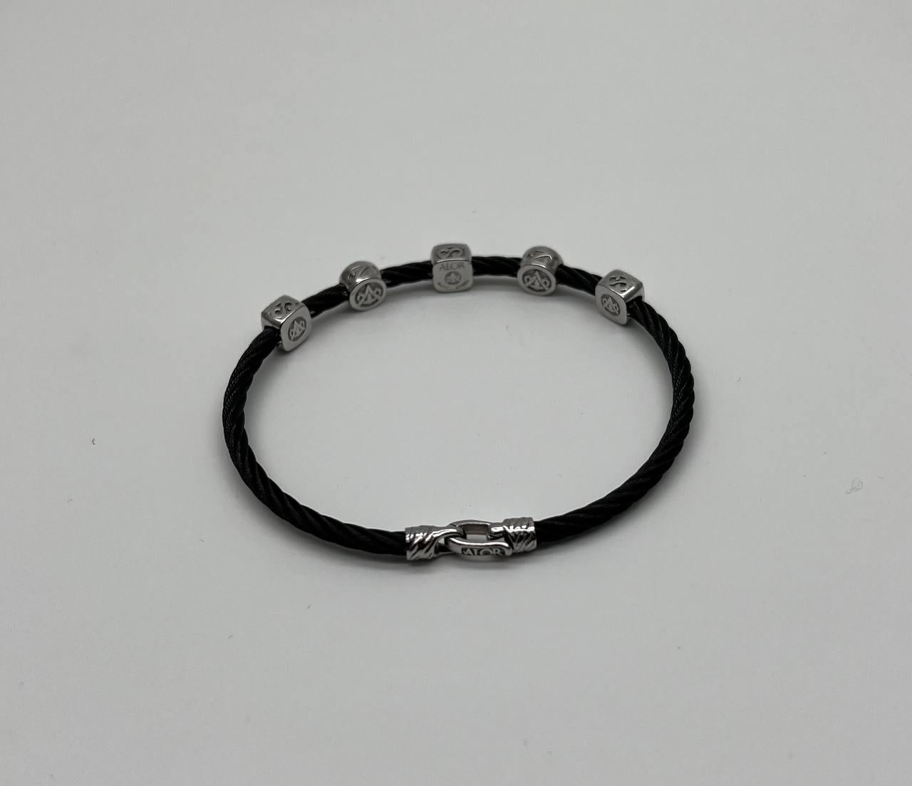 Black Cable Row with 18K White Gold Diamonds Filigree Statement Steel Bracelet