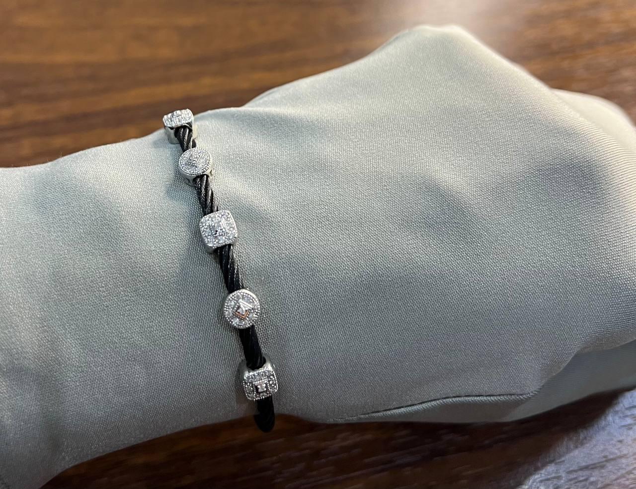 Black Cable Row with 18K White Gold Diamonds Filigree Statement Steel Bracelet