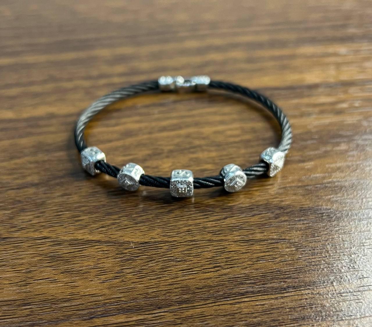 Black Cable Row with 18K White Gold Diamonds Filigree Statement Steel Bracelet