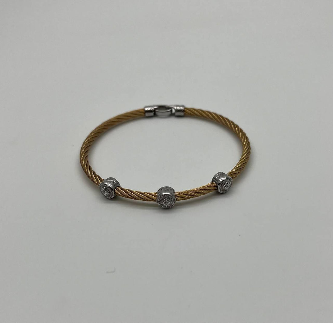 Yellow Cable Row Steel 18 Karat White Gold Diamonds Filigree Statement Bracelet