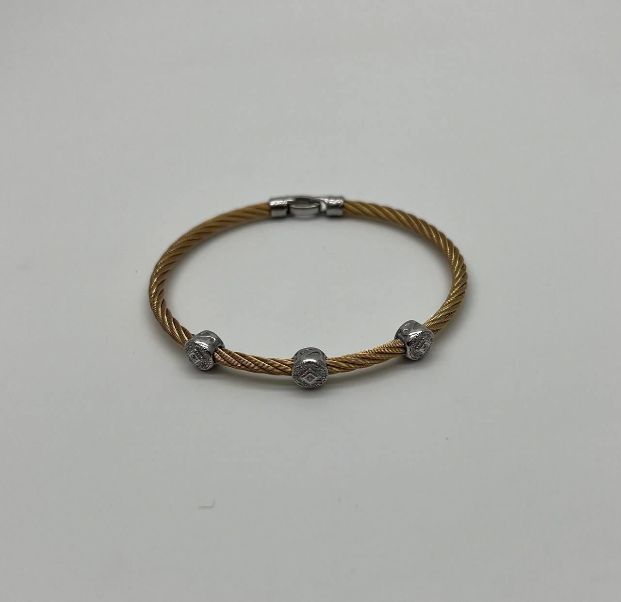 Yellow Cable Row Steel 18 Karat White Gold Diamonds Filigree Statement Bracelet