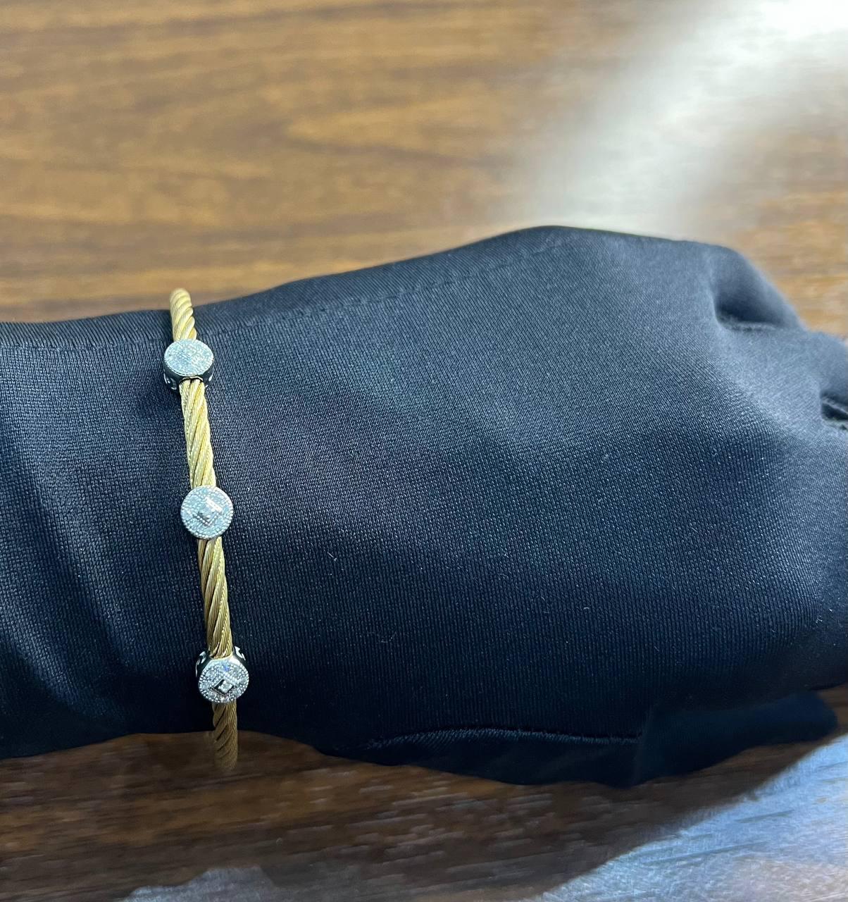 Yellow Cable Row with 18 Karat White Gold Diamonds Filigree Statement Bracelet