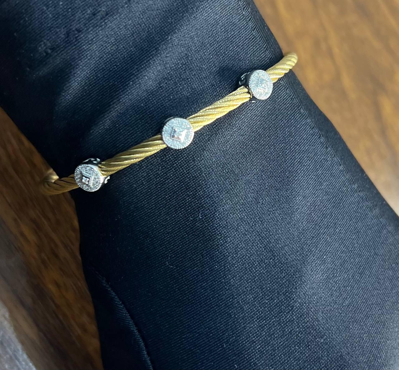 Yellow Cable Row with 18 Karat White Gold Diamonds Filigree Statement Bracelet