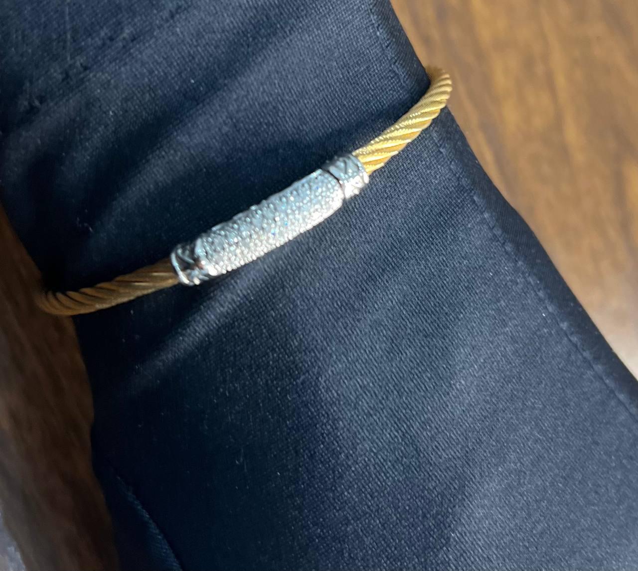 Yellow Steel Cable Row 18K White Gold Diamonds Pave Filigree Statement Bracelet