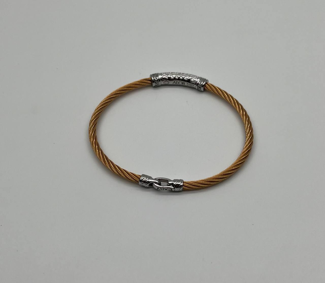 Yellow Steel Cable Row 18K White Gold Diamonds Pave Filigree Statement Bracelet