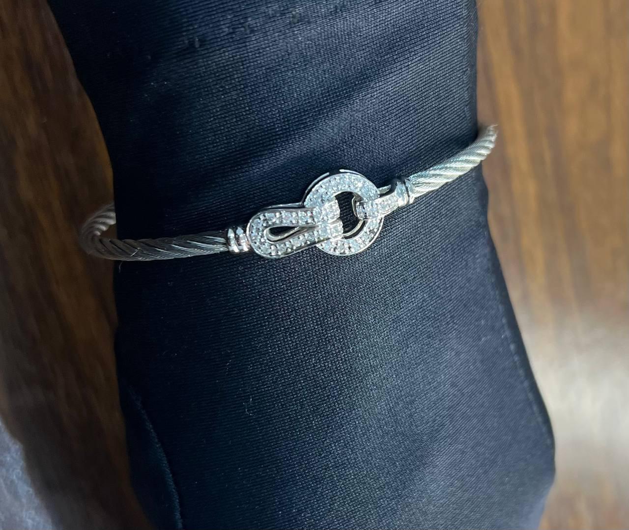 Silver Cable Row 18 Karat White Gold Diamonds Filigree Statement Symbol Bracelet