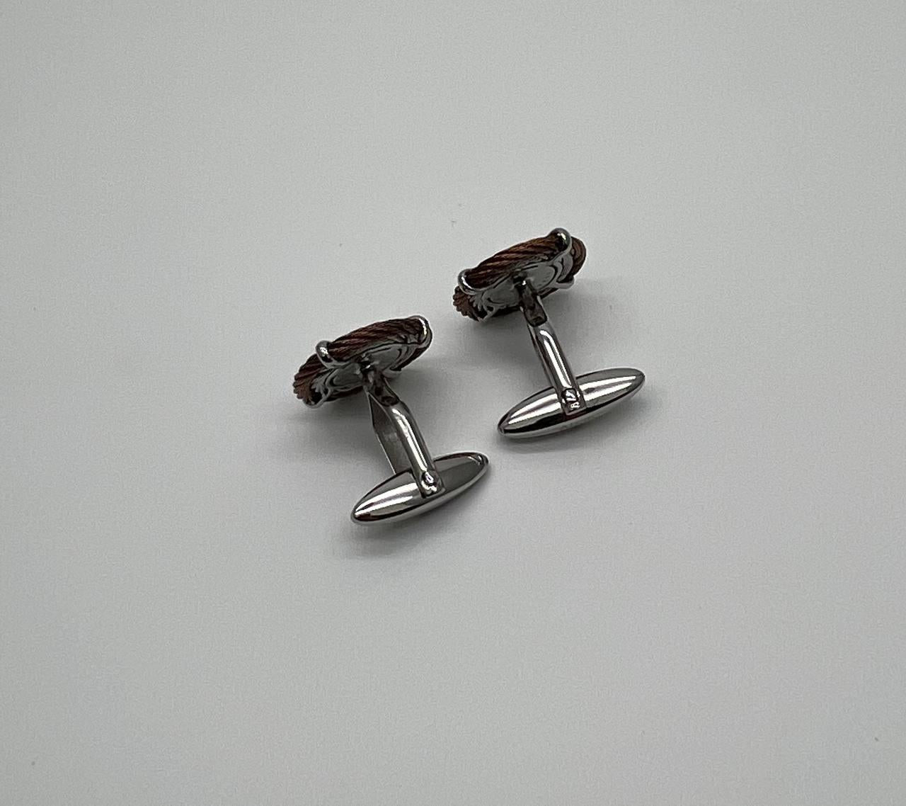 Brown White Steel Cable Row 18 Karat Yellow Gold Statement Twisted Cufflinks