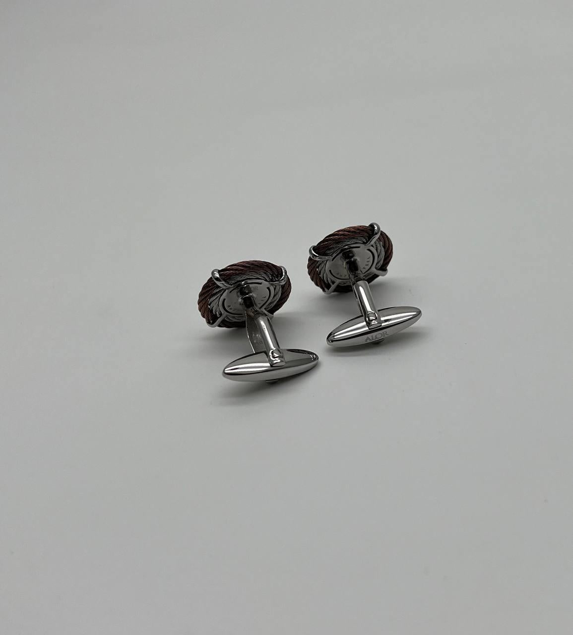 Brown White Steel Cable Row 18 Karat Yellow Gold Statement Twisted Cufflinks