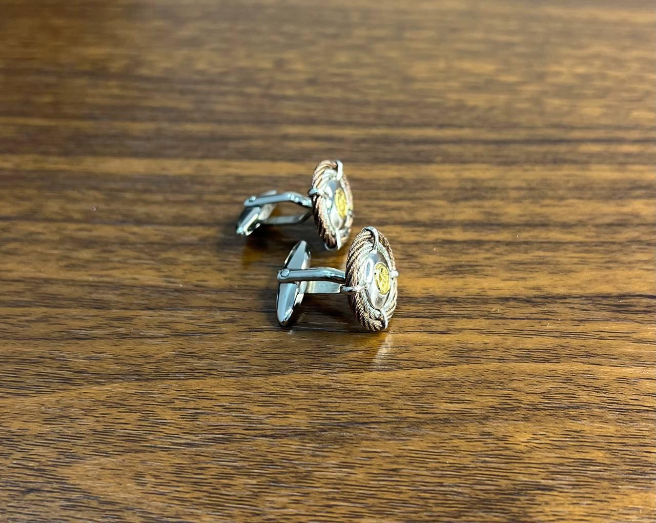Brown White Steel Cable Row 18 Karat Yellow Gold Statement Twisted Cufflinks