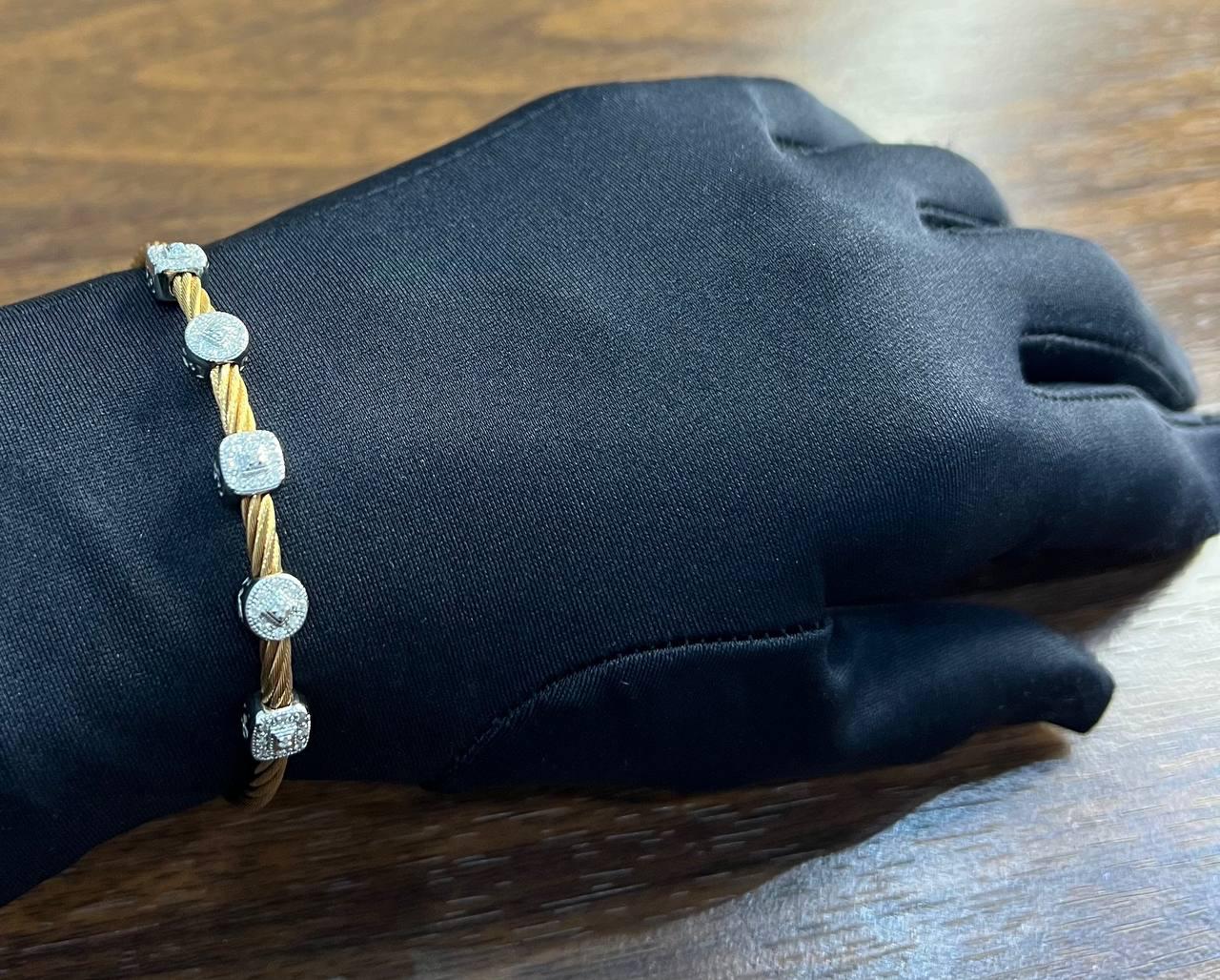 Yellow Cable Row 18K White Gold Diamonds Filigree Statement Twisted Bracelet