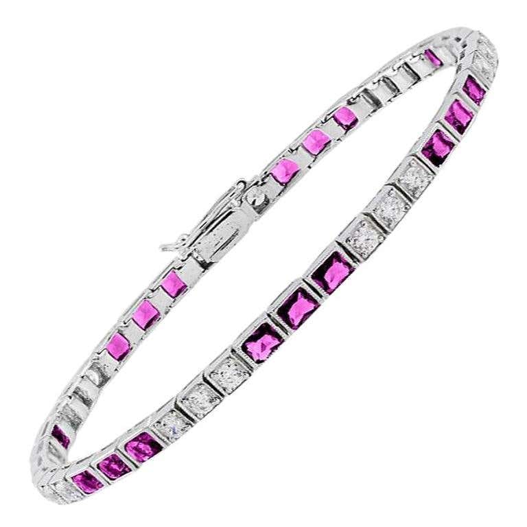 Square Pink Ruby & Diamond Art Deco Style Tennis Line White Gold Bracelet