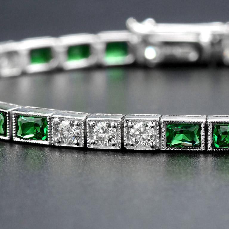Alternate Square Shape Green Emerald & Diamond White Gold Tennis Line Bracelet