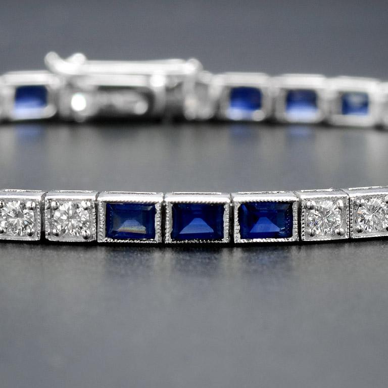 Alternate Square Shape Blue Sapphire & Diamond White Gold Tennis Line Bracelet
