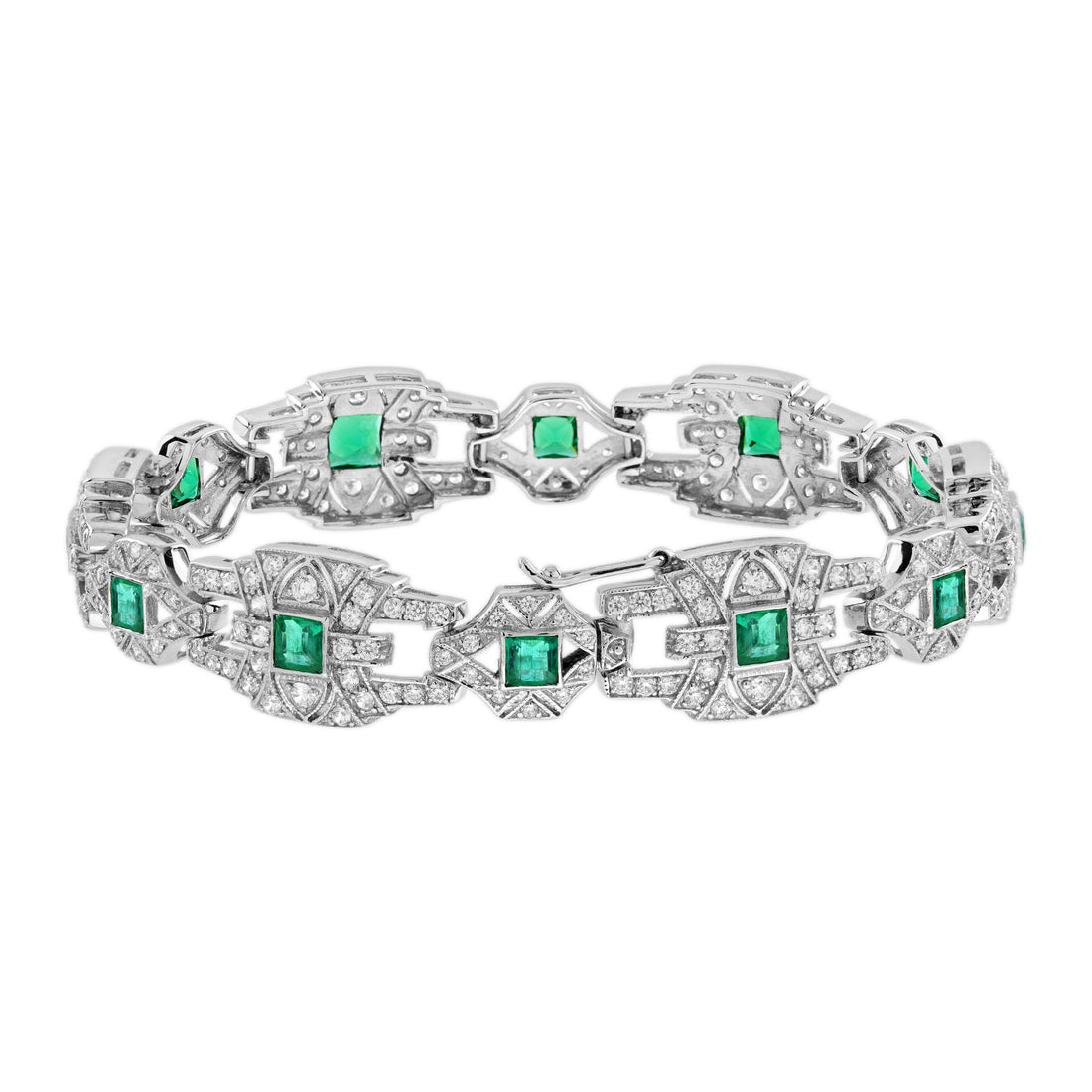 Emerald & Diamond Vintage Inspire Art Deco Style Link White Gold Unique Bracelet