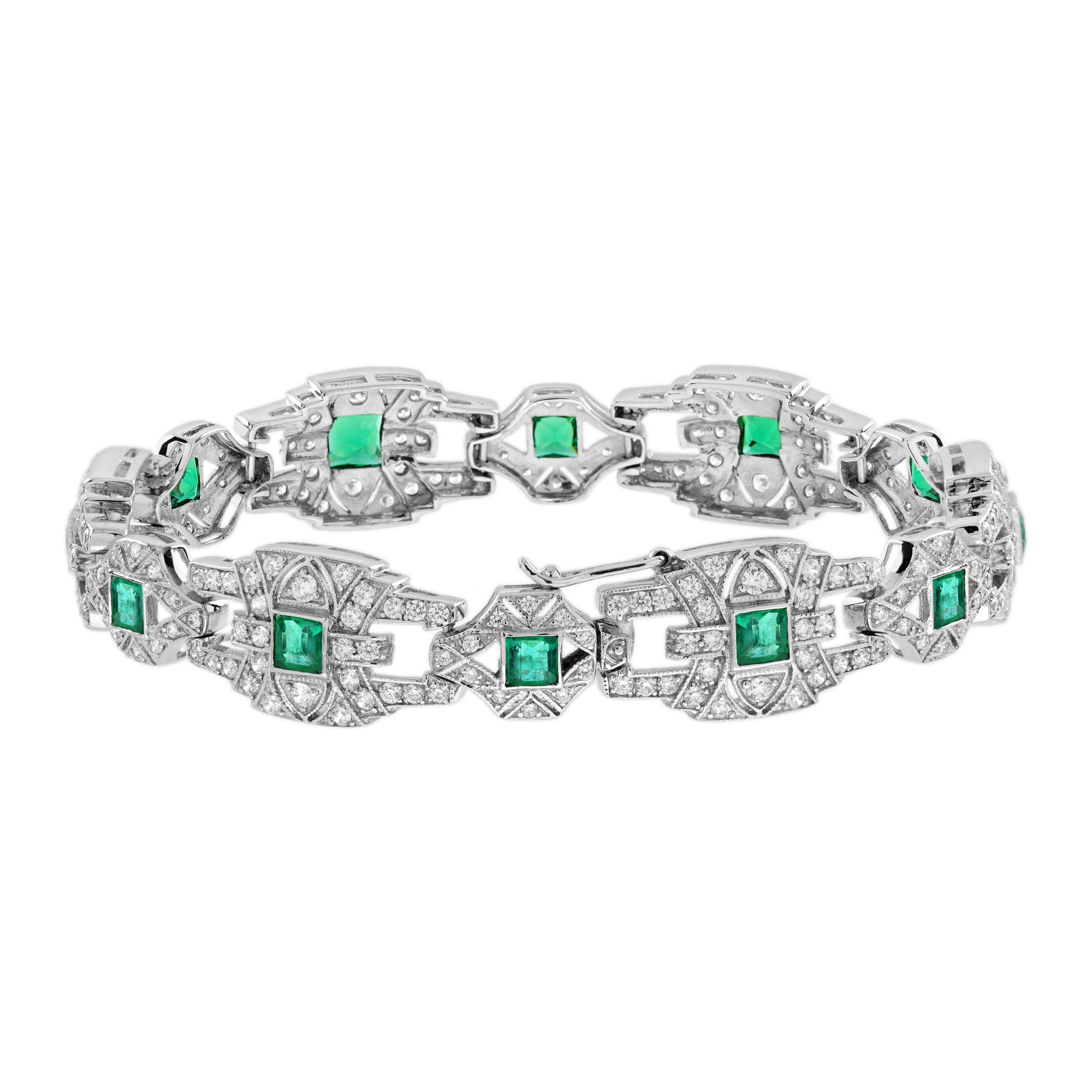 Emerald & Diamond Vintage Inspire Art Deco Style Link White Gold Unique Bracelet