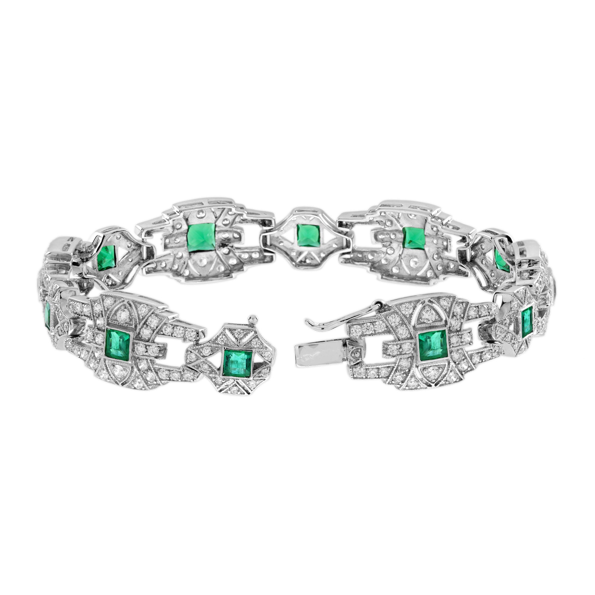 Emerald & Diamond Vintage Inspire Art Deco Style Link White Gold Unique Bracelet