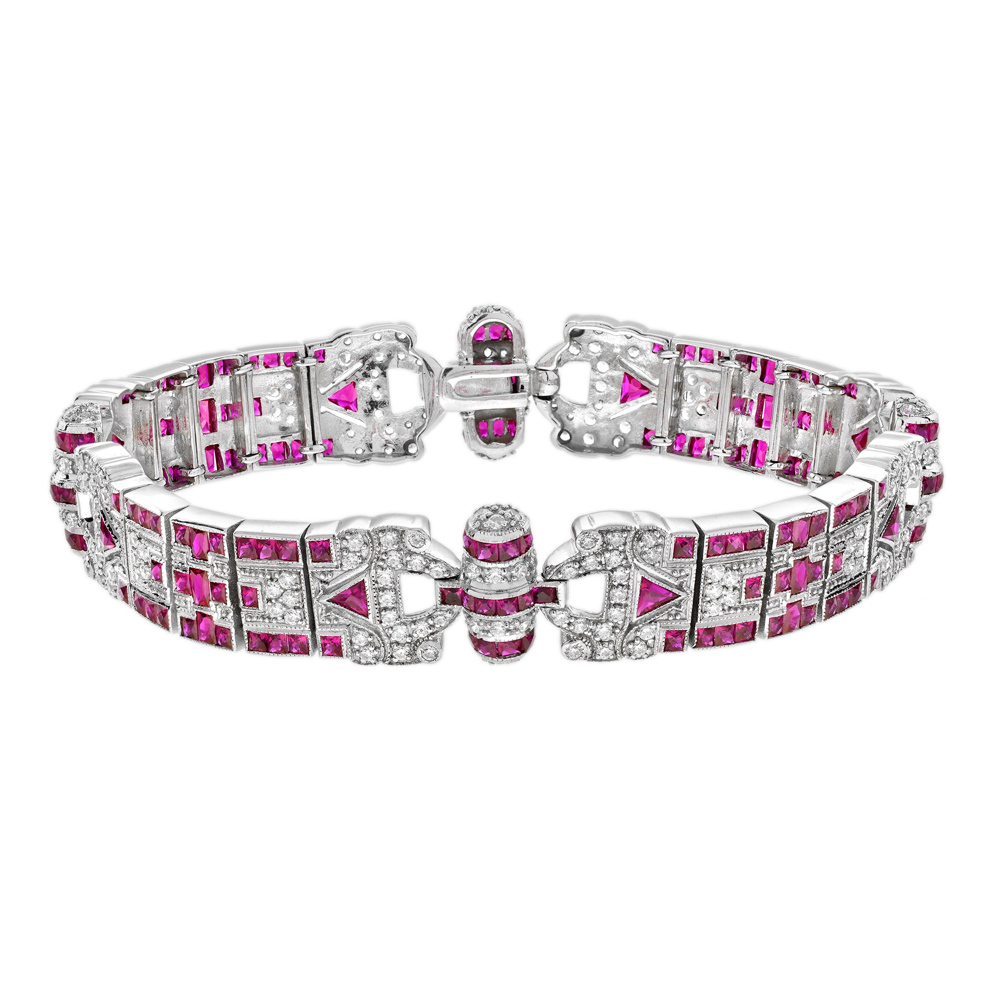 Pink Ruby & Diamond Vintage Style Antique Inspired Unique White Gold Bracelet