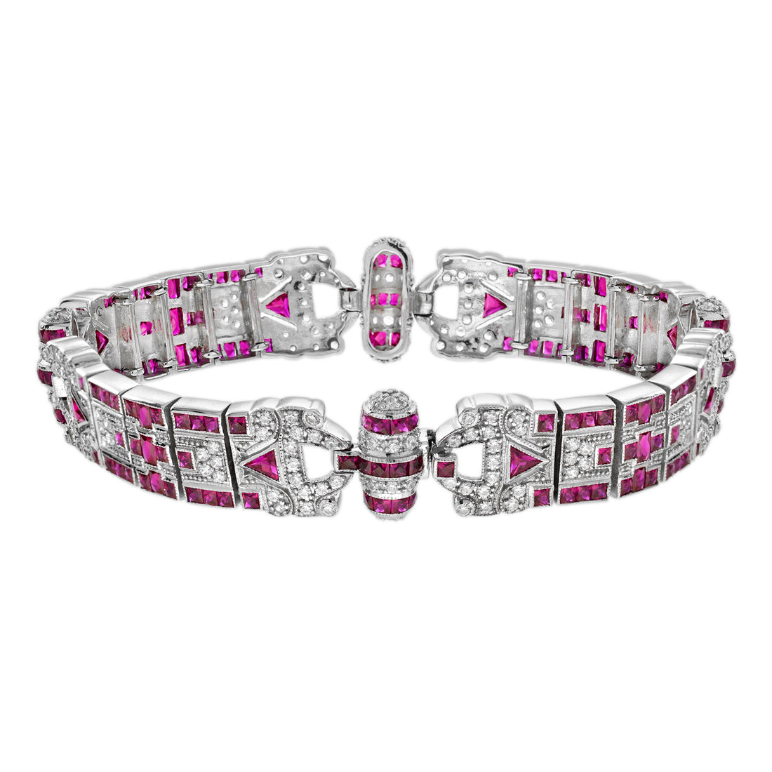 Pink Ruby & Diamond Vintage Style Antique Inspired Unique White Gold Bracelet