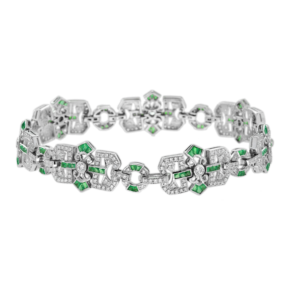 Diamond & Emerald Vintage Inspired Art Deco Filigree Style Link White Bracelet